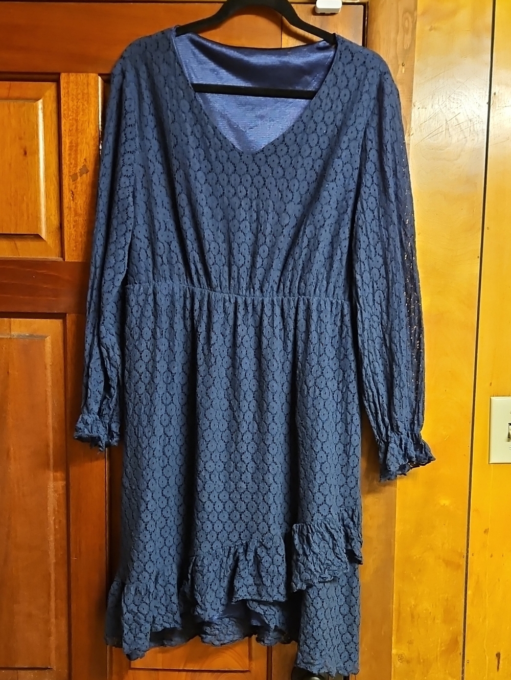 Navy Lace Long-Sleeve V-Neck Ruffle Dress